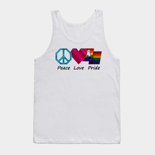 Peace, Love, and Pride design in Two-Spirited pride flag colors Tank Top